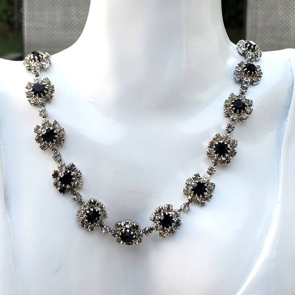 Vintage Jewelry - Sparkly Silver Tone Faux Sapphire & Diamond Accent Statement Necklace Vintage